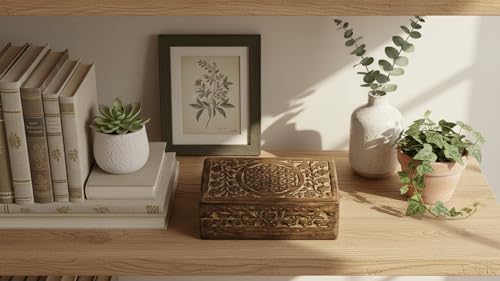 Handmade wooden jewelry and keepsake box by The Great Indian Bazaar, decorative brown storage box, 8x5 inches.