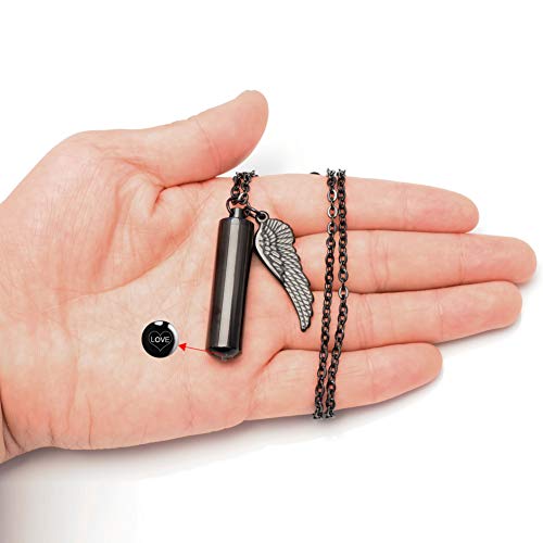Dletay Cylinder Cremation Urn Necklace for Ashes Memorial Keepsake Pendant with Angel Wing Stainless Steel Remembrance Jewelry non-engraving Black-L