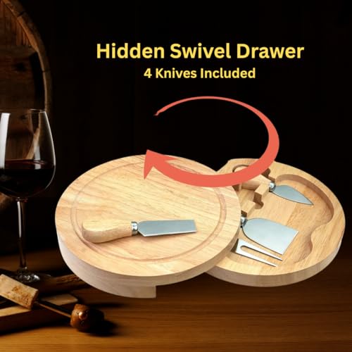 8" Round Wood Cheese Board Set with 4 Stainless Steel Knives & Hidden Drawer - Small Charcuterie Board with Juice Groove for Entertaining, Gifts, Picnics & Travel
