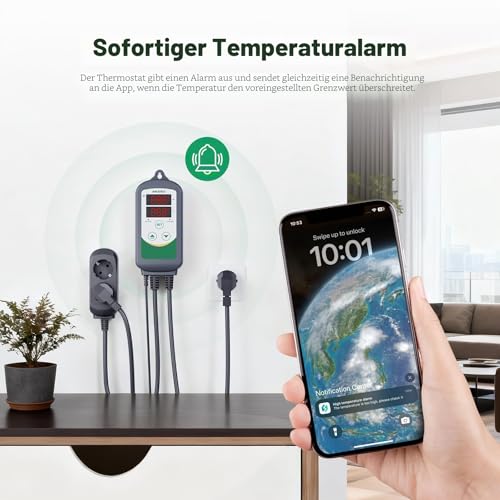 Inkbird Wi-Fi Thermostat Heating Cooling, ITC-308-Wi-Fi Socket, Thermostat, Temperature Controller, with App Control, Terrarium Thermostat with Probe for Incubator, Brewing | Digital Thermal Socket with Sensor for Greenhouse Reptile Terrarium Agriculture