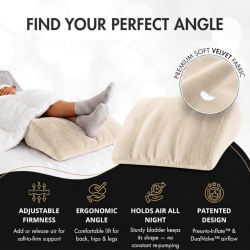 Beige inflatable wedge pillow by Maison Cozy for travel, leg elevation, and sleep support, shown inflated on a bed.