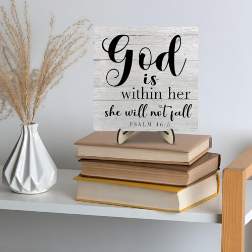 Christian Inspirational Wooden Sign,Bible Verse Psalm 46:5 Wood Plaque Sign, God is Within Her, She Will Not Fail, Christian Decor Bible Verses Sign for Home Office Desk Decor, 5.9x5.9Inches (Grey) Grey