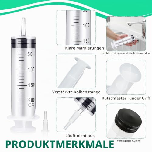 Pack of 3 Syringes 200 ml, Syringe with Hose 30 cm, Plastic Syringe, Reusable Large Syringe, Dosing Syringe for Industrial Use, Scientific Laboratory Experiments