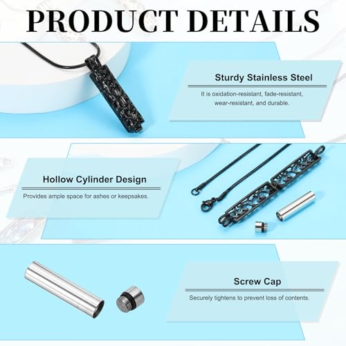 sourcing map Cylinder Urn Necklace, Hollow Cremation Jewelry Urn Necklace for Women Men Pet Black(Silver) 1