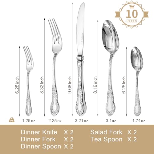 Silverware Set for 2, 10pc Vintage Flatware Set, 18/10 Stainless Steel 10-Piece Silver