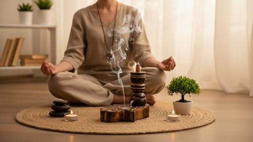 Handmade Wooden Backflow Incense Cone Dhoop Stick Burner Reverse Flow Waterfall Fountain Smoke Stand Ash Catcher Air Diffuser With 12 Incense Cones Home Living Room Decor Aromatherapy Yoga Meditation