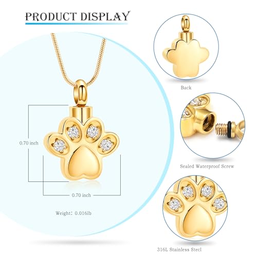 Paw Print Urn Necklaces for Ashes Pet Cremation Jewelry Gold