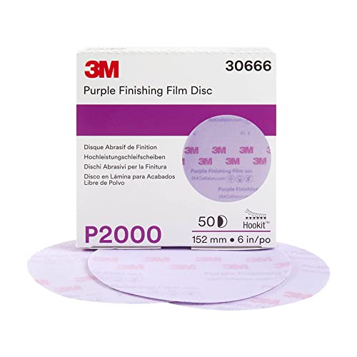 3M Hookit Purple P2000 finishing film abrasive disc, 6-inch fiber-backed disc for clear coat sanding, 50 pack