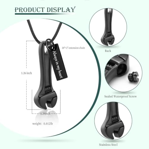 Wrench Cremation Jewelry Stainless Steel Urn Necklaces for Ashes Memorial Keepsake Pendant for Women Gifts With Funnel Kit & Bag Black