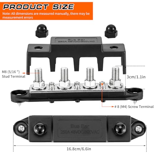 250 A 12 V Busbar 4 x M8 (5/16 Inch) Terminal Bolts DC Bus Bars Distribution Block with Cover, Negative & Positive High Performance Module BusBar Box for Car, Boat, Solar System (M8) M8-Standard