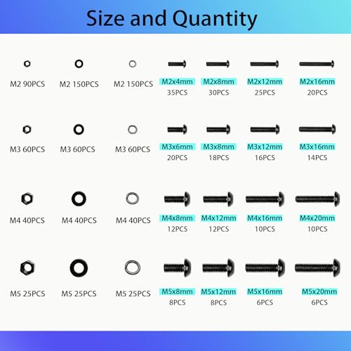 1015 Pcs Metric Machine Screws Assortment Kit - M2 M3 M4 M5 Grade 10.9 Alloy Steel Hex Socket Button Head Screw Set with Nuts and Bolts, Lock & Flat Washers for DIY, 3D Printer, Machinery M2M3M4M5 1015pcs