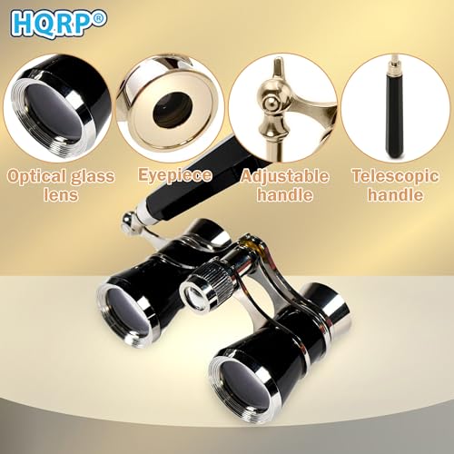 HQRP 3 x 25 Theatre Opera Glasses Binocular, Elegant Black Color with Silver Trim, Built-in Extendable Handle, Crystal Clear Optic (CCO), for Adults Kids Women in Musical Concert Sport Events etc. Black with Silver