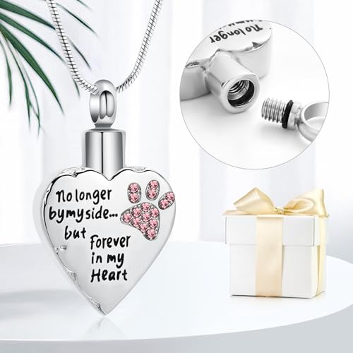 memorial jewelry No Longer by My Side,But Forever in My Heart Carved Locket Cremation Urn Necklace for Pet Dog Cats Pink