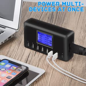 [Australia - AusPower] - USB Charger, slitinto 60W 12A 8-Port USB Charging Station Multi Port USB Hub Charger Compact Size LCD Display Compatible with iPhone iPad Samsung Kindle Tablet Bluetooth Earbuds and More Black 