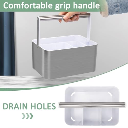 BYUNER Plastic Shower Caddy Dorm - Portable Bathroom Caddy Organizer with Handle and Divider for College Dorm & Shared Bathroom, Hard Shower Tote for Toiletry, Brushed Nickel White Silver / White