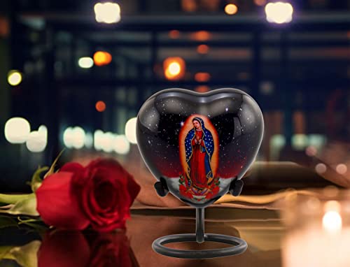 Our Lady of Guadalupe Heart Keepsake Urn, Urn and Ash Storage Religious Token Urn for Ashes, Spiritual Sharing Urn, Handcrafted Memorial Heart Urn with Velvet Case & Bag (Heart Keepsake)