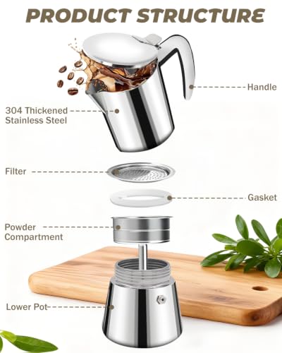 304 Stainless Steel Tinckened Express Coffee Maker 4 Cup 4Cup Polished Silver
