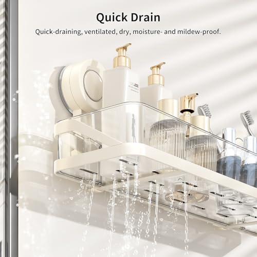 Two white Bxmeet suction cup shower caddies mounted on bathroom wall for organizing toiletries.