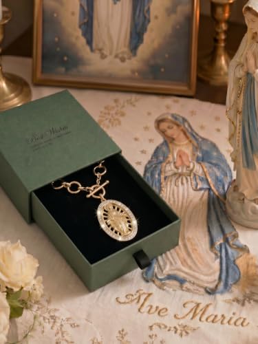 Virgin Mary Necklace Gold with OT Chain, 925 Sterling Silver Miraculous Medal Necklace for Women, Catholic Jewelry Virgin Mary Pendant Mother Mary Necklace Religious Gift Gold-010