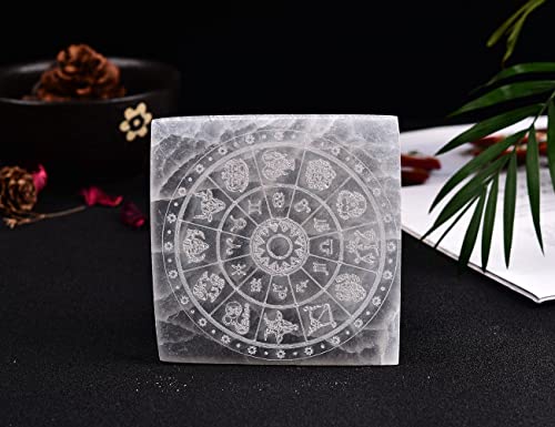JIC Gem 4" Square Selenite Charging Plate 12 Star Engraved Selenite Slab Healing Crystal Charging Station 12 Star-4"