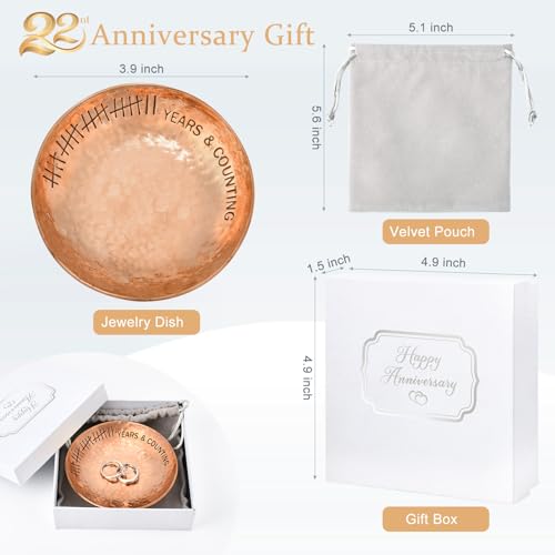 22 Year Wedding Anniversary Copper Gifts 22th Gifts 4" Copper Jewelry Tray Engraved Decorative Dish for Couple Him or Her 4 Inch 22 Years