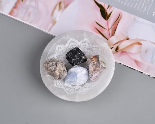 AMOYSTONE Natural Selenite Charging Bowl with Mandala Engraving 5.5'' Energy Cleansing Crystal Plate for Healing Meditation and Spiritual Home Decor Round Mandala A 5.5 inches