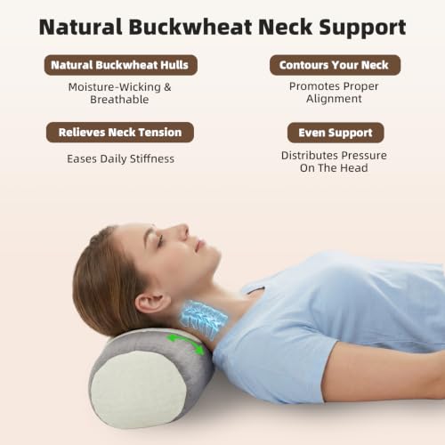 Buckwheat Neck Roll Pillow, Adjustable Cervical Neck Bolster (Khaki) Khaki