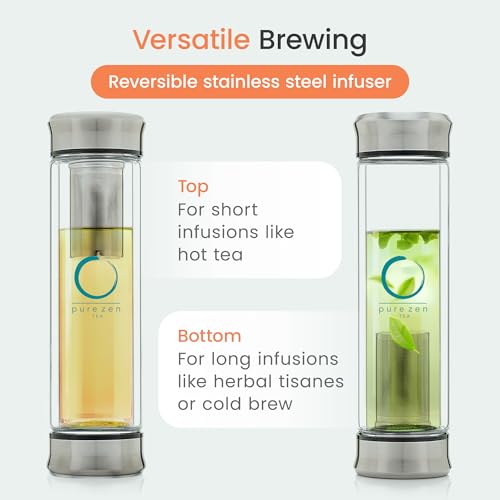 Pure Zen Tea infuser bottle with 13 oz capacity, stainless steel infuser, ideal for brewing loose leaf tea on the go.
