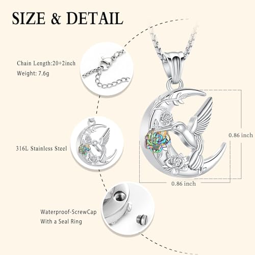 Minicremation Hummingbird Moon Rose Urn Necklace for Ashes for Women Men Memorial Cremation Jewelry Keepsake Pendant for Loved Ones Rainbow