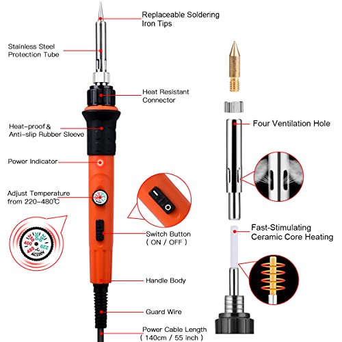 Pyrography Soldering Iron Set, Pyrography Piston Set, Temperature Adjustable 220~480 °C for Wood, Leather, Burning Iron, DIY Art Gift Set, Color Pencils, Leather Engraving Welding, Sculpture (Orange) CS52500