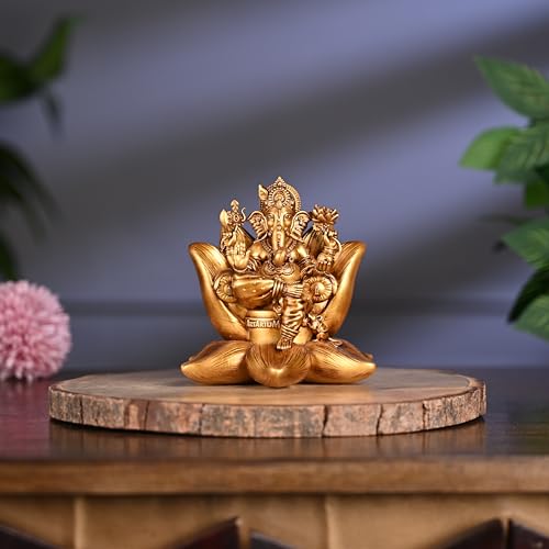 Artarium Padma Ganesh Idol 4.3 Inch, Golden Lord Ganesha Statue on Lotus, Ganpati Murti for Home Temple, Car Dashboard, Office Desk, Meditation Altar & Spiritual Gift #2 Padama Ganesha Idol