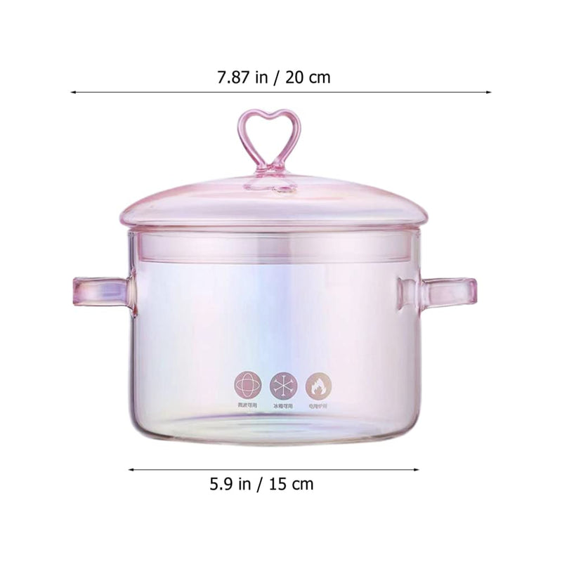 Vaguelly Retro Glass Soup Pot 1.5L Double-Handle Cooking Pot for Stovetop Heat-Resistant Household Stew for Soup Noodles and Seafood Pink 1.5L(1.6Qt)