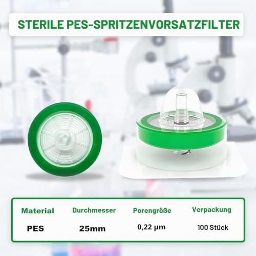Syringe Filter PES Syringe Filter Hydrophilic Syringe Filter 0.22μm Laboratory Syringe Filter Sterile Syringe Filters 0.22μm 25mm Diameter Female Lure Lock + Male Lure Slip Pack of 20 20 Pcs 25 mm, 0.22 μm
