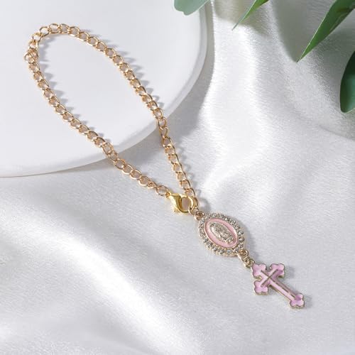 Rosary Car Charm Catholic Cross Virgin Mary Mirror Hanging Pink