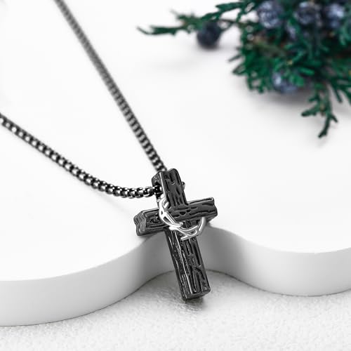 Black Cross Necklace Sterling Silver Jesus Thorn Crown Cross Necklace for Men Catholic Jewelry Gift for Father Brother Boyfriend Son urn cross