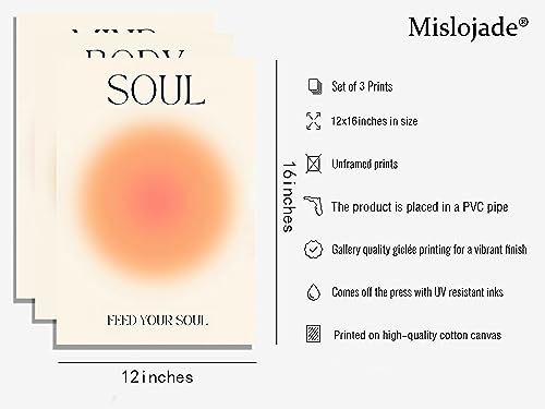 Mind Body Soul Positive Aura Canvas Prints - Trendy Gradient Spiritual Wall Art for Room Aesthetic - Living Room Posters 12*16inch*3 Unframed 16"L x 12"W Mind Heart Soul