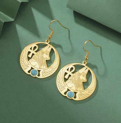Egyptian Anubis Earrings Ankh Cross Goddess Isis Wing Scarab Wicca Pagan Gemstone Magic Power Amulet Ancient Egypt God Mythology Jewelry Gift Women Men gold