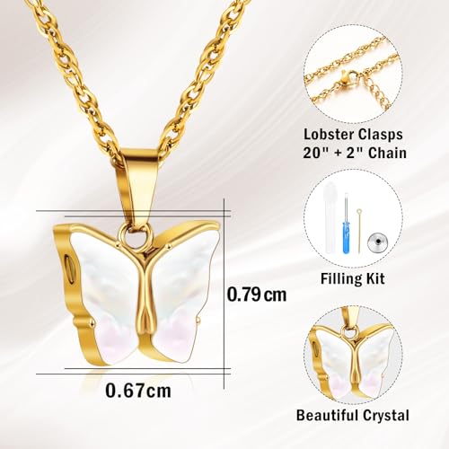 XIUDA Cremation Urn Necklace for Ashes with Crystal Butterfly Stainless Steel Memorial Keepsake Cremation Jewelry Pendant for Women Pale Pink
