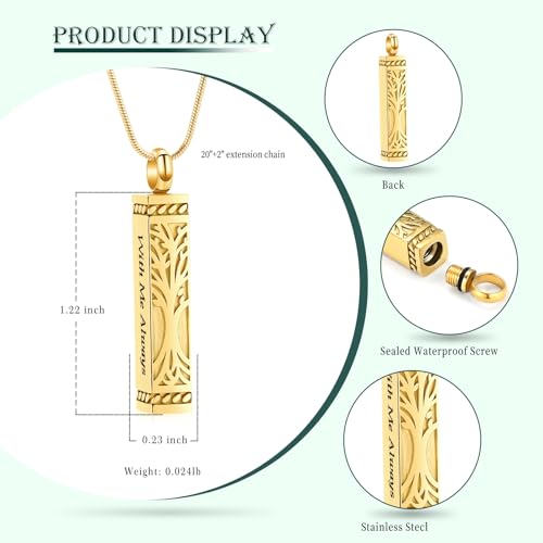 Tree of Life Cremation Jewelry Urn Necklaces for Ashes Memorial Keepsake Pendant for Women Men Gifts With Funnel Kit & Bag Gold