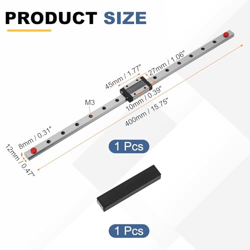 sourcing map MGN12 400mm Linear Sliding Rail Guide with MGN12H Sliding Carriage Block and Mini Guide, Linear Motion Guideway for Mini Engraving CNC Machine 3D Printer