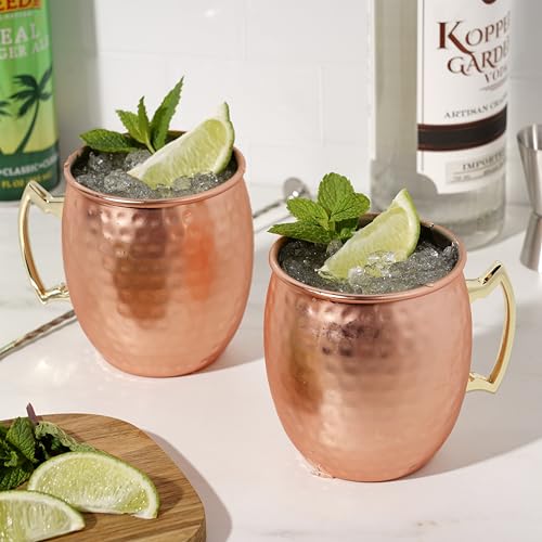 True Moscow Mule Mug, Stainless Steel, Copper Cups for Moscow Mules, Copper Bar Cart Accessories, 16 oz, Set of 2 Copper Hammered, Set of 2