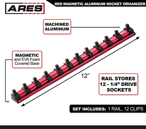 ARES 1/4-inch magnetic socket organizer, 12-inch socket rail for 1/4-inch drive tool sockets