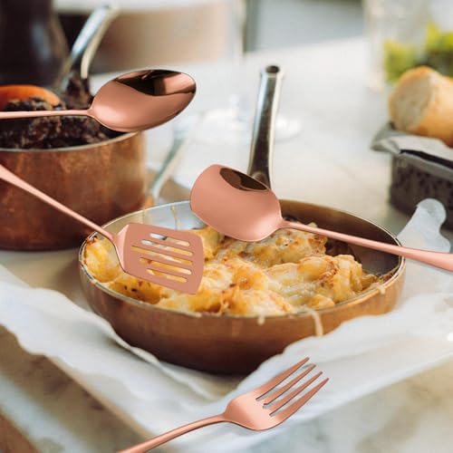 Copper Serving Utensils Set - Rose Gold Stainless Steel Flatware Set 11- Pieces Cake Knife Serving Fork Spoon Skimmer Pasta Ladle Spatula Perfect for Home Kitchen and Special Occasions 11 Pieces-Rose Gold/Copper