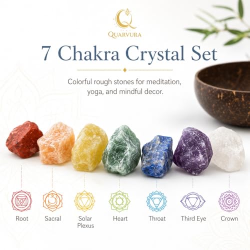 Natural Raw Healing Crystals and Chakra Stones for Reiki, Meditation and Energy Balancing,7 Chakra Crystal Set with Coconut Shell Bowl and Drawstring Pouch