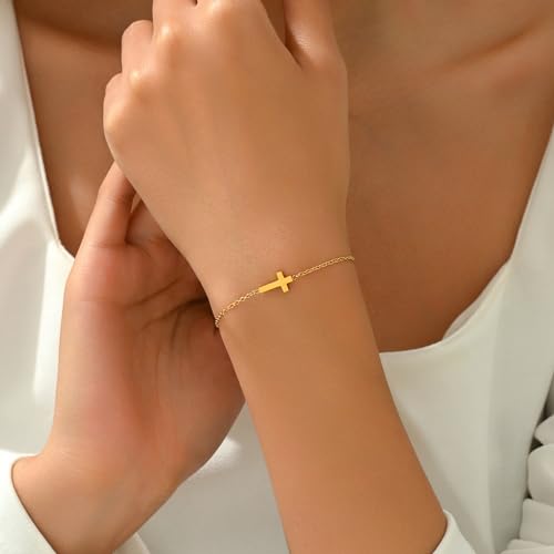 18K Gold Plated Pearl Beaded Cross Bracelets for Women Adjustable Tiny Cross-Gold
