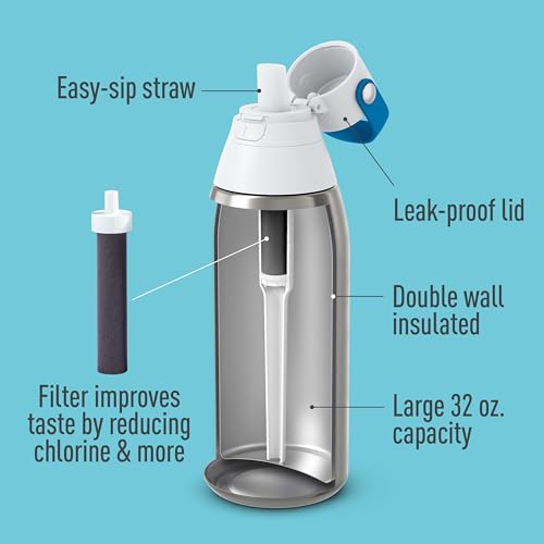 Brita Stainless Steel Premium Filtering Water Bottle, BPA-Free, Reusable, Insulated, Replaces 300 Plastic Water Bottles, Filter Lasts 2 Months or 40 Gallons, Includes 1 Filter, Stainless - 32 oz 32 Ounces