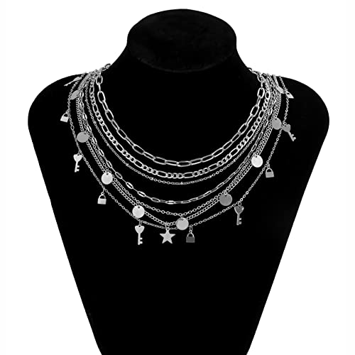Dainty Layered Necklace, Dainty Layering Necklaces for Women Keychain Lock Star Pendant Chain Necklaces Jewelry Birthday Gift for Her, 7 Pieces, Silver