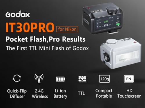 Godox iT30 pro N TTL Mini Flash - GODOX iT30Pro N for Nikon - GoDOx IT30 Pro for Nikon GodOX TTL Flash, Wireless Master & Receiver, HSS 1/8000 Second, 2.4G Wireless, GodOX Flash Silver IT30PRO for Nikon