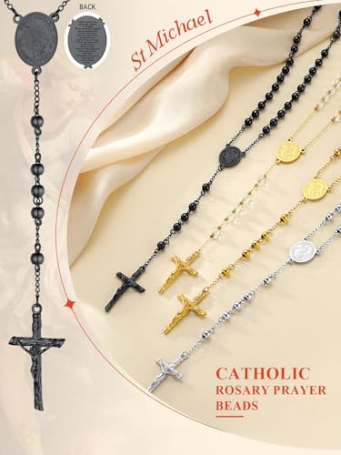 FaithHeart Rosary Beads Catholic Necklace for Men, St Michael/St Christopher/Virgin Mary Prayer Rosaries with Crucifix Cross Stainless Steel Praying Rosary Necklace Saint Michael-Black Steel Bead