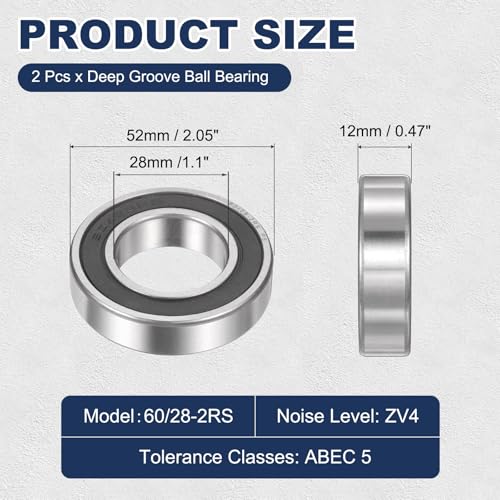 sourcing map 60/28-2RS Deep Groove Ball Bearing, 2pcs 28 x 52 x 12mm Chrome Steel Bearing, Double Rubber Sealed (ABEC 5, ZV4) 60/28-2RS 28mm x 52mm x 12mm 2